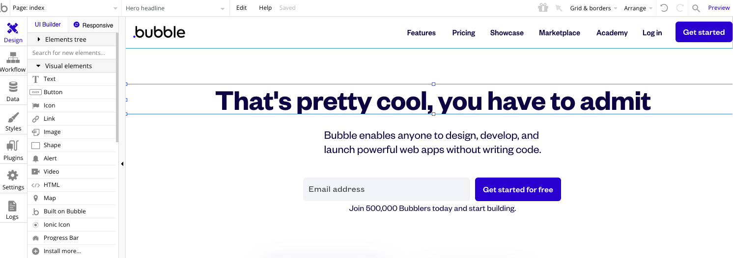 bubble-app-try building right on their homepage