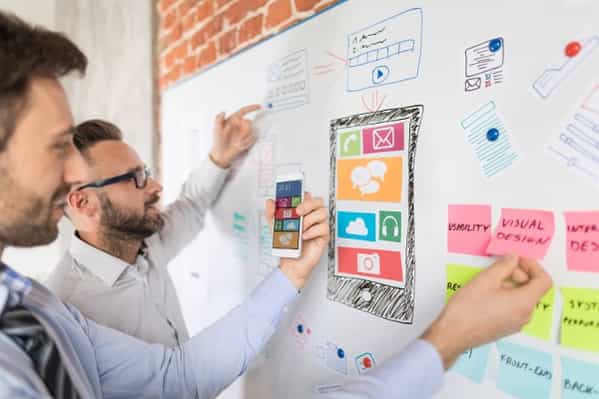 Software designers at whiteboard