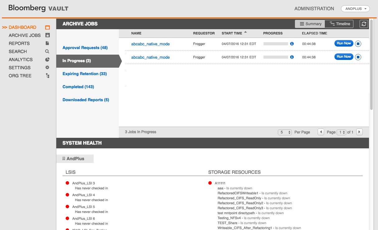 Bloomberg application's dashboard